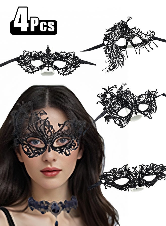 4 Pcs Women Lace Eye Mask, Masquerade Masks Mysterious Face Venetian Eyemask for Carnival Party Costume Ball, Black - Image 1